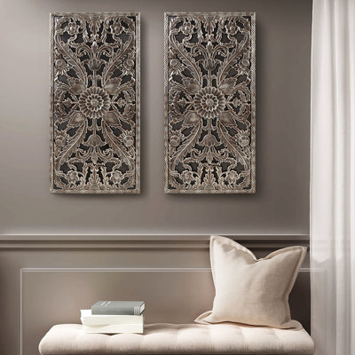 Distressed 2 Wall Ornament - Lotus Flower Woodwork Bronze For Indoor Spaces 15.75"W X 31.5"H 0.59"D Decor Wood With Design Colored