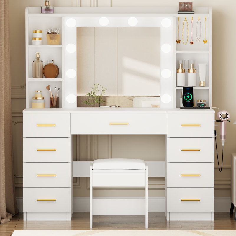 Coiffeuse de maquillage avec lumières, 9 tiroirs et prise de courant