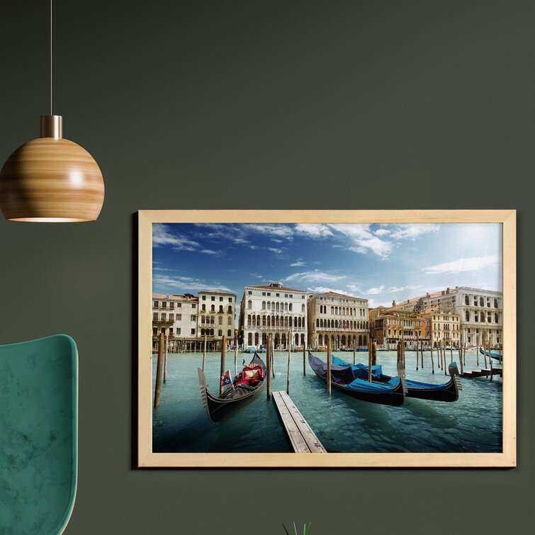 Ambesonne Italian Wall Art With Frame, Gondolas In The Venetian Adriatic Lagoon Historical Venezia Photo, Printed Fabric Poster For Bathroom Living Room Dorms, 35" X 23", Almond Green Sand Brown