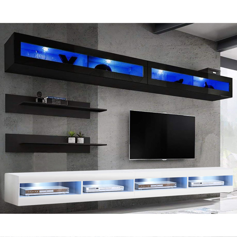 Lonergan 126" Modern Floating Wall Mounted Entertainment Center with 16-Color LED Lighting, High Gloss Finish, Black/White