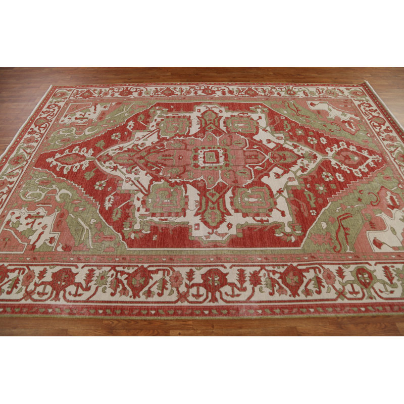 Tapis rouge en laine noué à la main de conception unique 7 pi 0 po x 9 pi 9 po New Age