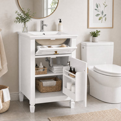 20" Bathroom Vanity with Ceramic Sink, Solid Rubberwood Frame & Legs, Tip-Out Drawer, 1 Door Cabinet with Shelf & Adjustable Shelf, Soft-Close Hinges, White