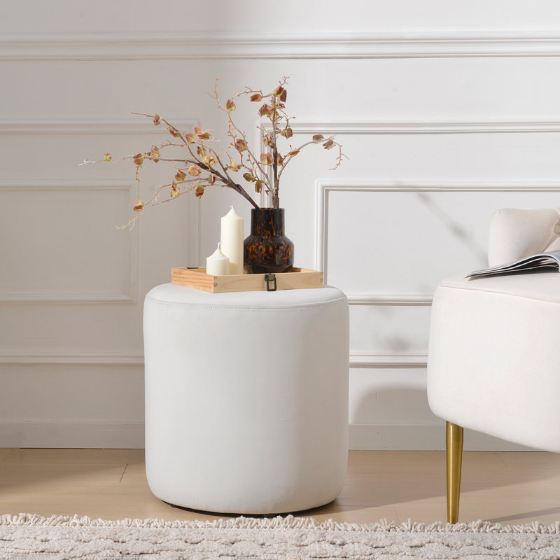 Brynnen 18'' Wide Modern Round Upholstered Ottoman, Off White Velvet