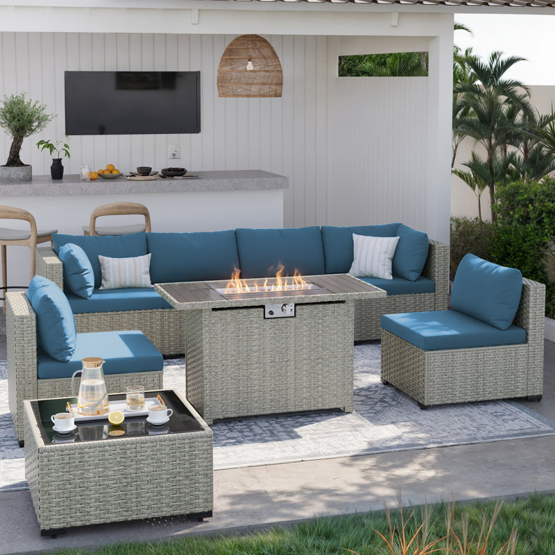 Outdoor Wicker 8-Piece Sectional Sofa Set With Comfortable Cushions, Teal