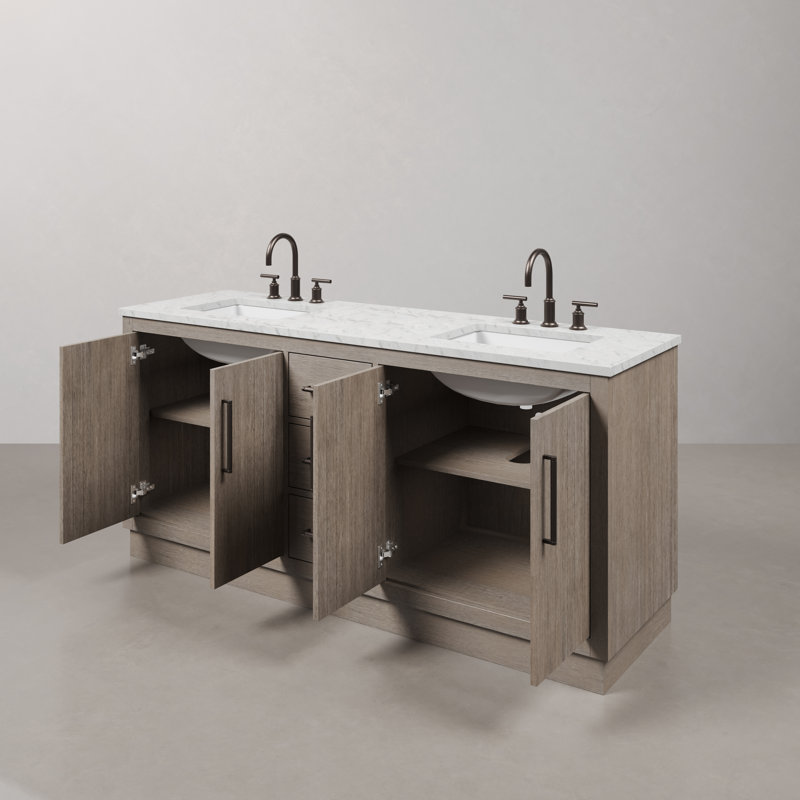 Hugo 72 In. Double Sink Carrara White Marble Countertop Vanity In Grey Oak With Gooseneck Faucets, Oil-Rubbed Bronze