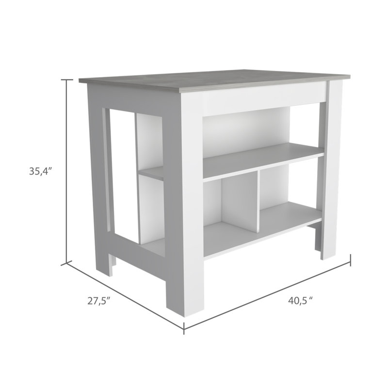 Cala Kitchen Island, Four Legs, Three Shelves, White