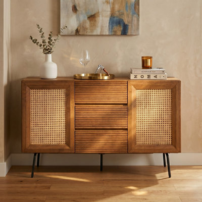  MOSSIC Sideboard with 2 Doors and 3 Drawers, Buffet Cabinet with Natural Rattan and Metal Legs, Modern Storage Cabinet for Living Room, Dining Room, and Hallway, Effortless Assembly