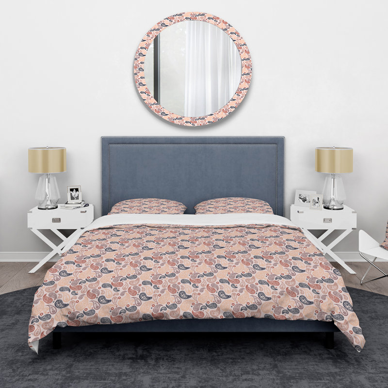 Ensemble de housse de couette moderne bleu et brun avec motif cachemire rose et rose en microfibre de polyester
