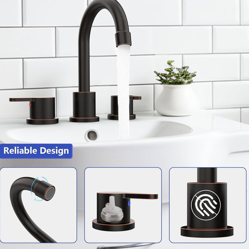 2 Handle 8 Inch Widespread Bathroom Sink Faucet In Oil Rubbed Bronze With 360 Swivel, Pop Up Drain Assembly And Lead Water For Public 3 Hole Swivel Spout, Precise Control Way
