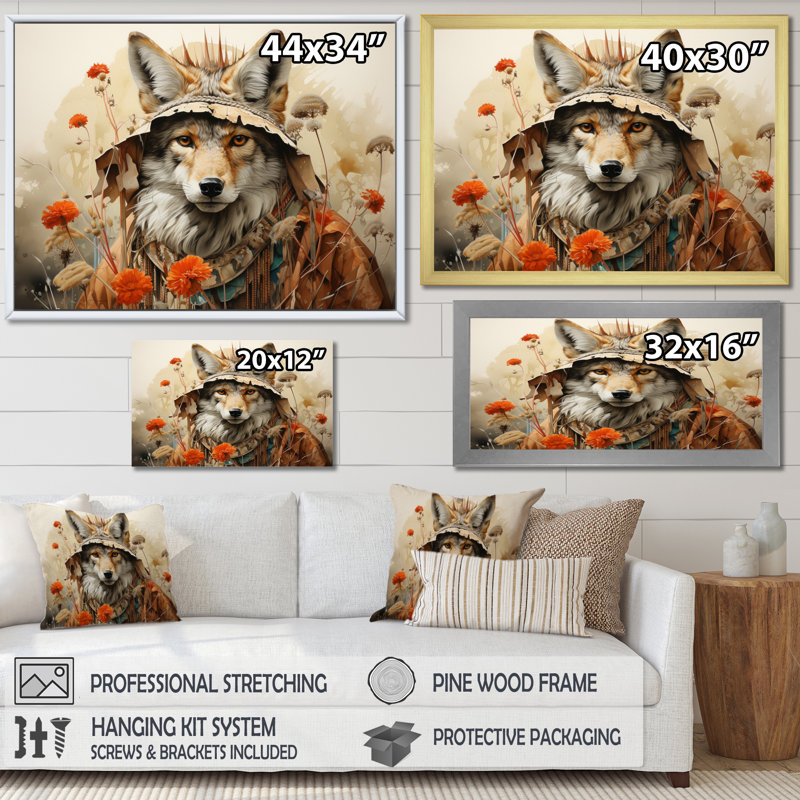 «Native Art Coyotes Trickery», reproduction d'art sur toile, H 12 po x l 20 po x P 1 po, Cadre flottant noir