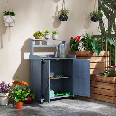 Banc de rempotage avec rangement, bureau galvanisé, pour jardin, armoire grise, 2 tablettes, plateau de table, cour arrière stable,