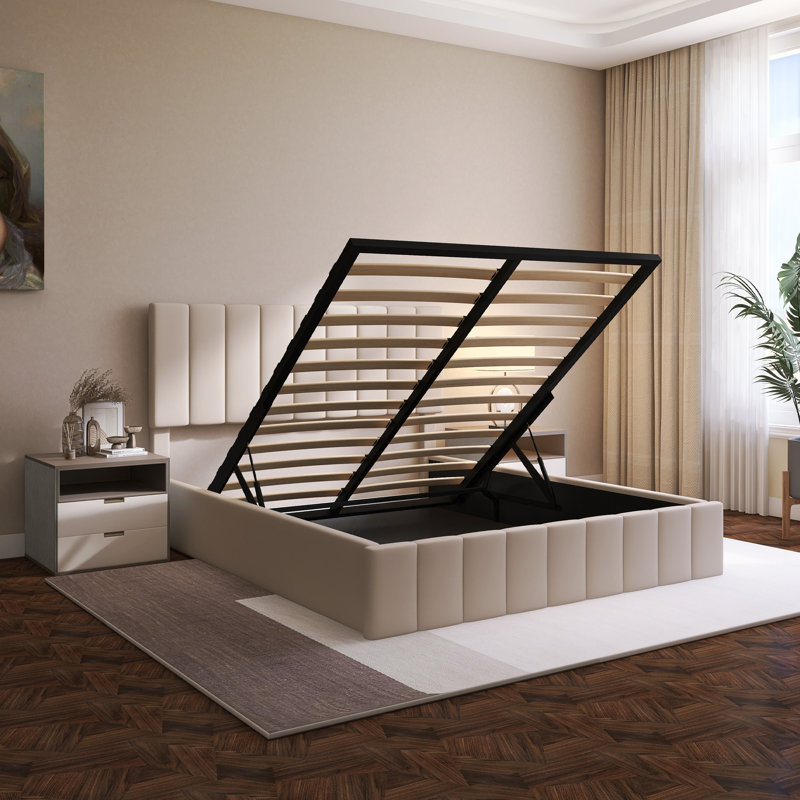Upholstered Platform Bed With A Hydraulic Storage System, Beige, Queen