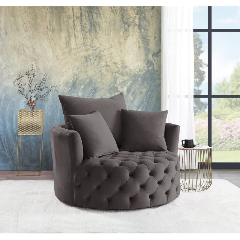 Gray Velvet Swivel Barrel Accent Chair with Manufactured Wood Frame