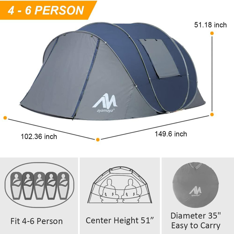 6 Persons Pop Up Tent Easy Setting Family Camping Tent, Navy Blue