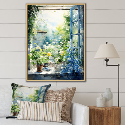 Vert et bleu campagne fenêtre charme II - ferme fenêtres, art mural sur toile