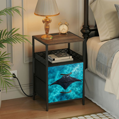 Table de chevet 2 tiroirs avec station de charge, table de chevet pour chambre avec ports USB et amp; Table de chevet noire Outlets Outlet