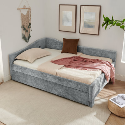 Full Size Curved Chenille Upholstered Daybed with Padded Backrest, Pull-Out Trundle, USB Port & Nailhead Trim, Grey