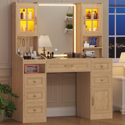 Bureau de meuble-lavabo avec miroir à écran tactile et lumières et station de charge, grande coiffeuse de maquillage avec armoires lumineuses RVB, 6 tiroirs, 5 crochets à bijoux, table de coiffeuse avec miroir éclairé