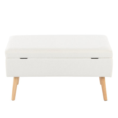 Stylish Natural Wood And Cream Fabric Bench, Flip - Top Lid, Solid Legs, 30" Inside Length, 14.5" Width, 15.5" Product Depth, Indoor Use, 500 Lbs Weight Limit, Assembly Required Upholstered,