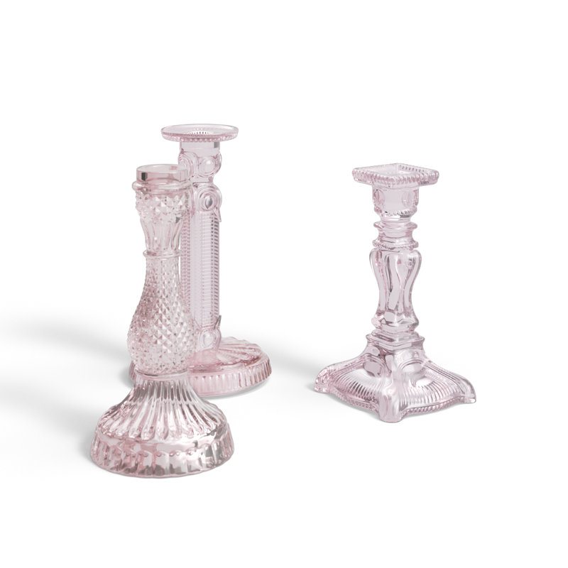 Florette Glass Taper Holders in Pink, Set of 3 Large, Large, Pink