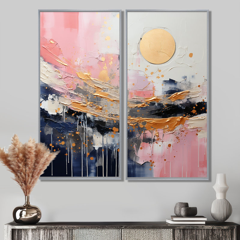 Or et rose liquide moderne formes III - décoration murale moderne or, H 32 po x l 32 po, Impression encadrée flottante
