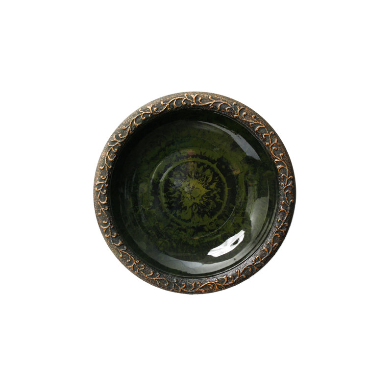 Green Hand-Painted Glass Birdbath with Glossy Finish