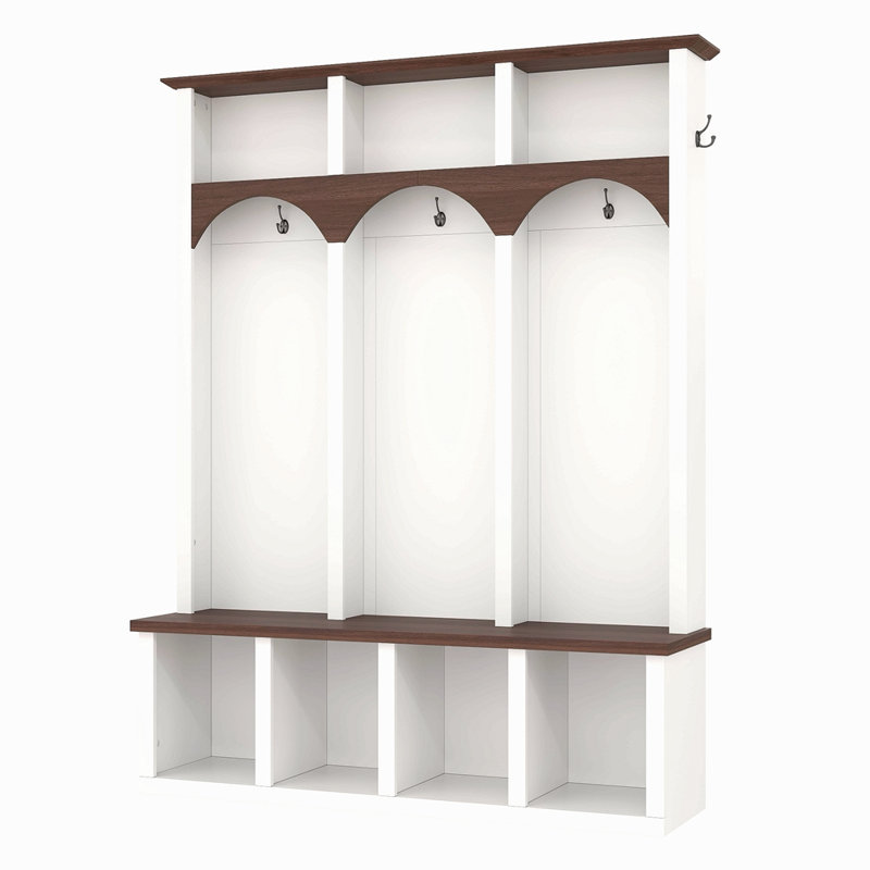 Farmhouse Wooden Style Hall Tree With Arched Design, Practical Entryway Walnut Storage Bench With 5 Black Hooks, Minimalist 4-In-1 Hallway Shoe Cabinet With 7 Cubbies For Mudroom, Living Room