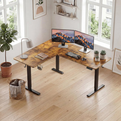 Bureau debout en forme de L réversible de 75 po, réglable en hauteur avec porte-gobelet, poste de travail électrique d'angle pour ordinateur, bureau personnel assis-debout, jeu ergonomique, brun rustique