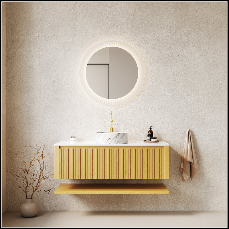 Meuble-lavabo mural 48 po avec lavabo, armoire de rangement en contreplaqué, 2 tiroirs, tablette ouverte, comptoir en pierre frittée, lavabo en céramique, chêne Corolla
