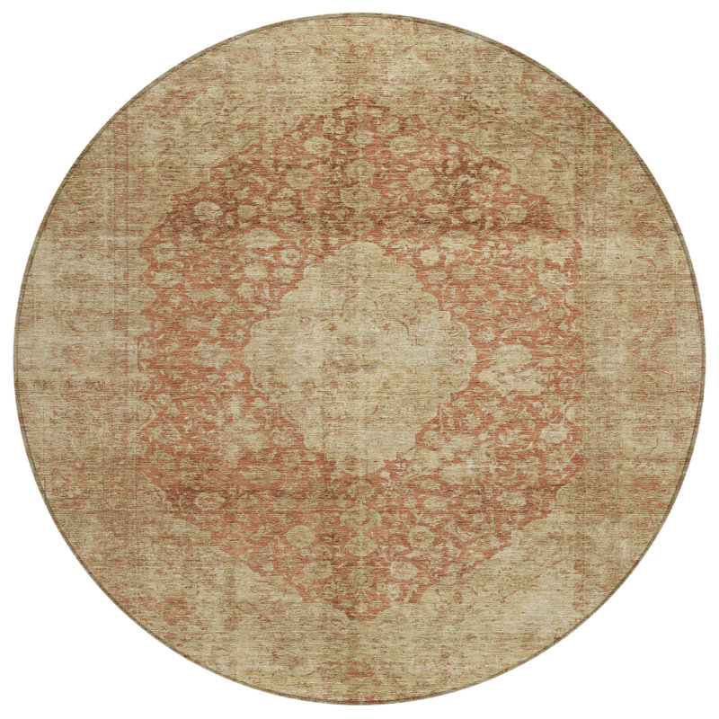 Tapis rond 8 po intérieur rouille et beige lavable