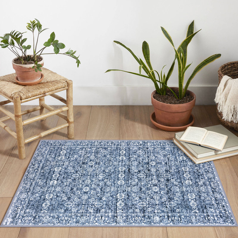 Blue Area Rugs Washable Rug for Living Room Bedroom Rug with Rubber Backing, Rectangle 2' x 3'