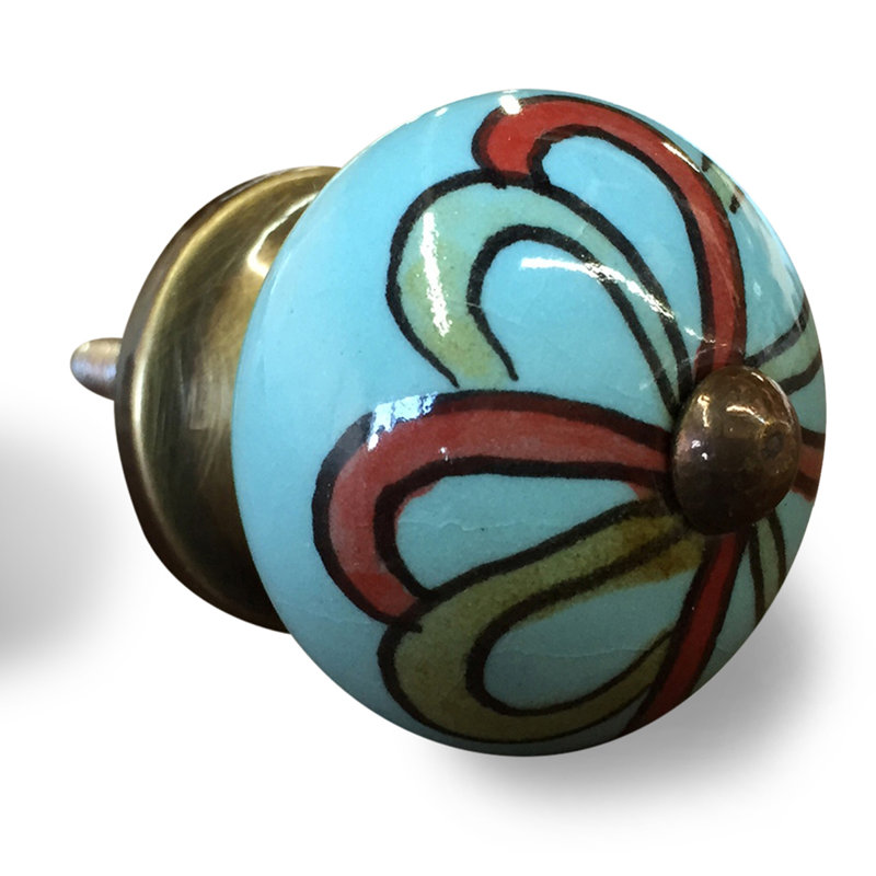 Ensemble de douze poignées de tiroir géométriques en céramique turquoise et rouge