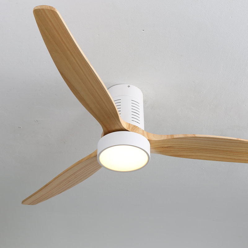 Kemp 52'' 3 -Blade LED Flush Mount Ceiling Fan with Remote Control and Light Kit Included, White/Light Wood Blades