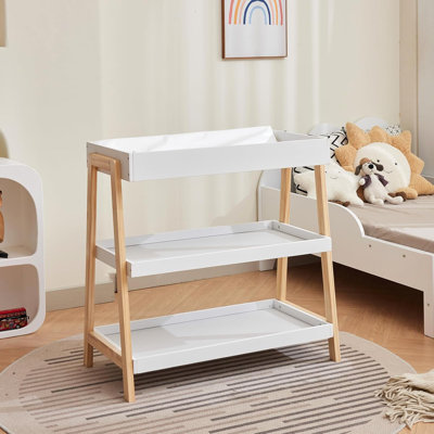 Portable Baby Changing Table with Waterproof Pad, Modern White Diaper Changing Station with 2 Storage Shelves for Newborns and Infants, White & Wood Finish