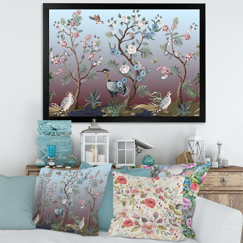 Chinoiserie avec oiseaux et pivoines - peinture sur toile, H 16 po x l 32 po x p 1 po, Cadre photo noir