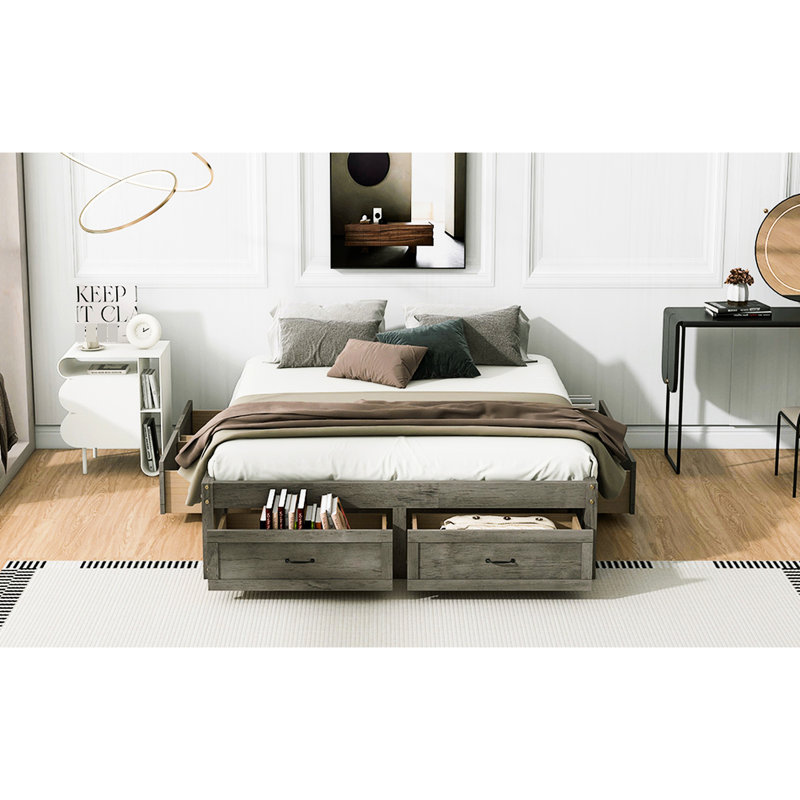 Grand lit gris antique avec 6 tiroirs de rangement, idéal pour les vêtements supplémentaires, chambre à coucher au design épuré organisant des articles saisonniers, espace propre