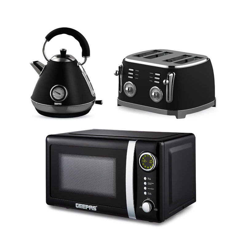 GEEPAS Retrovive 1.7L Electric Kettle, 4 Slice Bread Toaster & 20 Litre 700W Digital Freestanding Microwave Oven Kitchen Combo Set | 3000W Vintage Cordless Kettle | Defrost/Reheat/Cancel 1500W