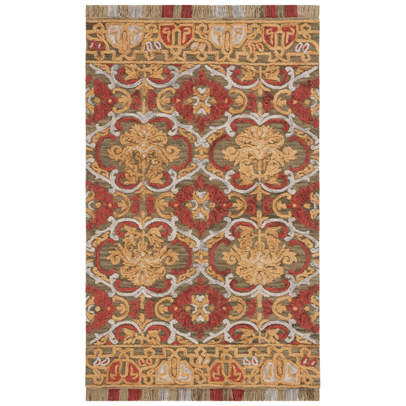Blossom Tufted Wool/Cotton Performance Oriental Rug in Green/Gold, Rectangle 6' x 9'