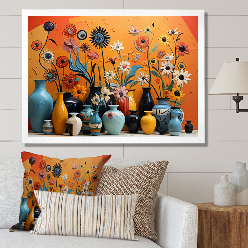 «Orange Boho Pottery Expressions II», art mural Boho, H 12 po x l 20 po x P 1 po, Cadre de coin blanc fermé