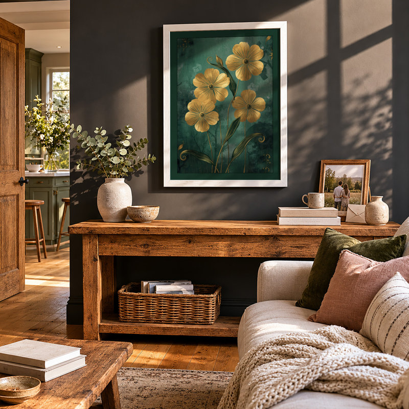 Golden Flowers in Bloom Botanical - Framed Print, A4 - 29.7 x 21.0 cm, White