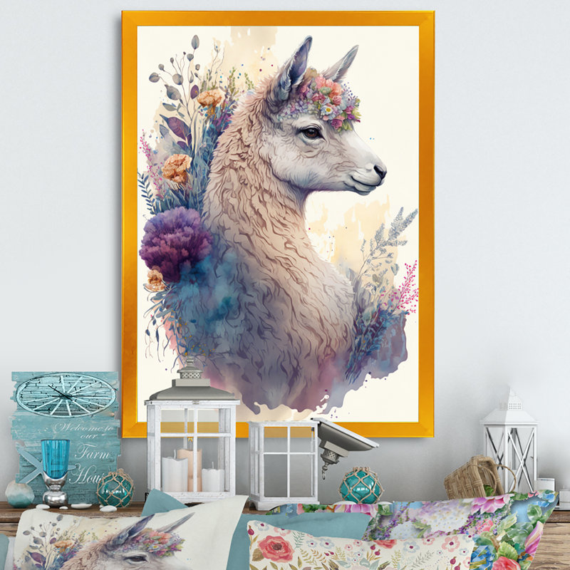 «Cute Llama Floral III», impression sur toile, Cadre photo doré, H 32 po x l 24 po x P 1 po