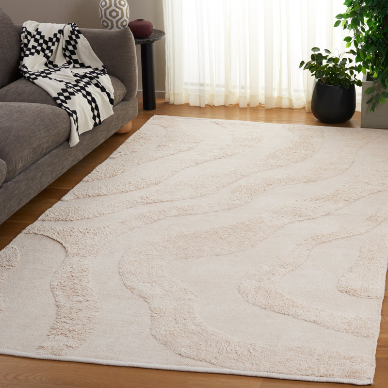 Tapis en coton ivoire fait à la main à motif abstrait mozie, Carré 6 pi