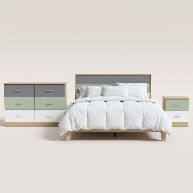 Ensemble de chambre à coucher moderne 3 pièces Allyannah, Chêne d'Oslo, gris froid, vert sauge, blanc, Grand