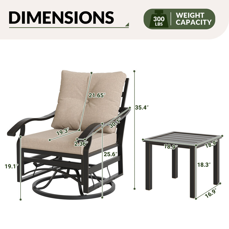 2 - Person Outdoor Swivel Metal Glider Seating Group With Side Table, Beige