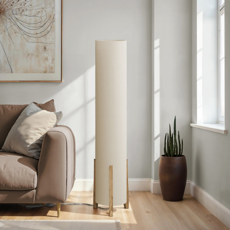 Contemporary 50-Inch Floor Lamp With Brown Wood Look Base And Ivory Linen Shade, Easy On/Off Foot Switch