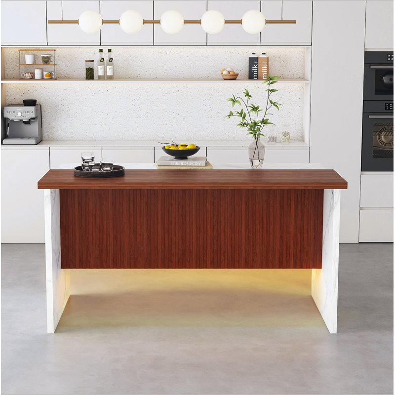 63" Modern Kitchen Island With Marble-Look Surface, LED Lights & Grille Design For Dining Room, Living Room(Island Only)