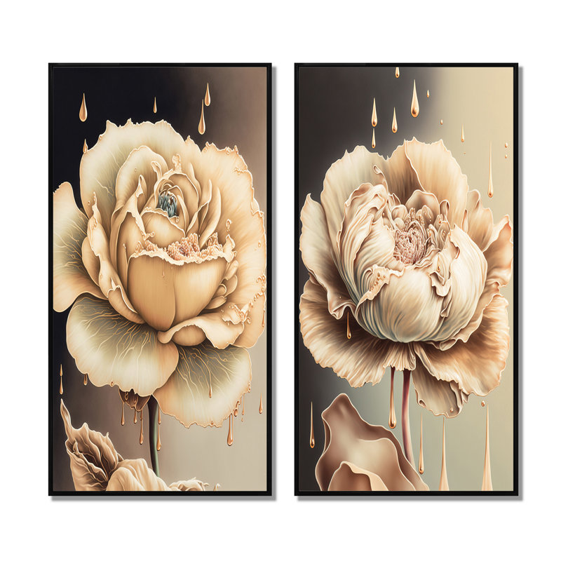 «Beige Blooming Rose», 2 pièces sur toile, Cadre noir, H 20 po x l 24 po