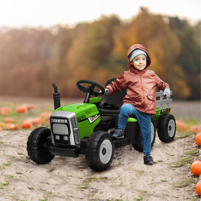 12V Ride on Tractor with Trailer, 25W Dual Motors, Battery Powered Electric Tractor with Remote Control, Music Startup Sound and Horn, LED Lights