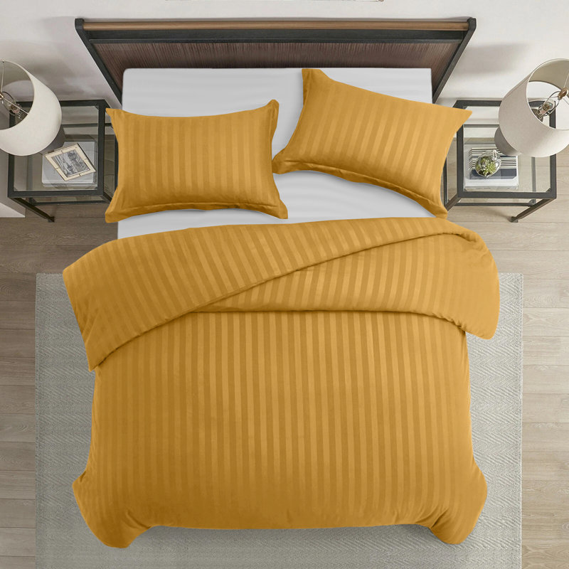 Microfiber Striped Duvet Cover Set with Pillowcases, Ochre Striped, Double Duvet Cover Set + 2 Standard Pillowcases