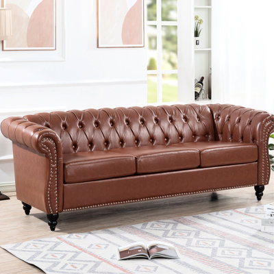 87.01" Brown Pu Rolled Arm Three Seater , With Us Tb117, Foam - Filled Seat Design, And Painted Birch Legs Seat,